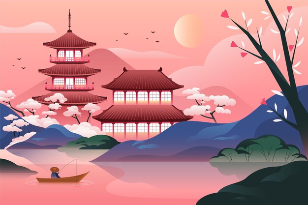 Templo japonés con gradiente con lago