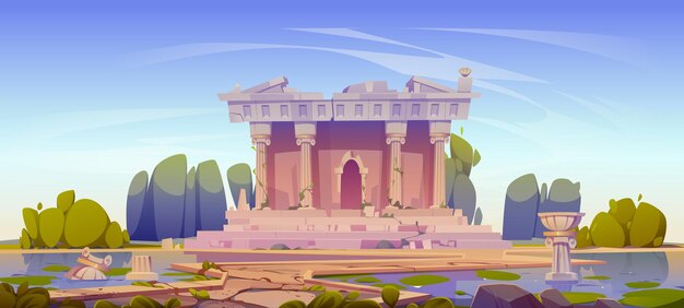 Templo en ruinas entrelazado con ruinas de enredaderas de hiedra