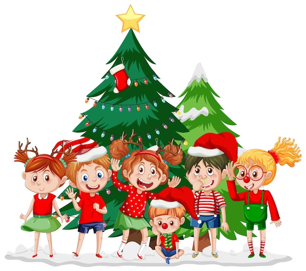 Temporada navideña con niños y árboles de Navidad.
