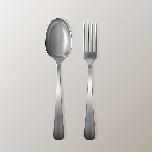 Vector gratuito tenedor y cuchara realista. juego de utensilios de cocina de plata en color plata.