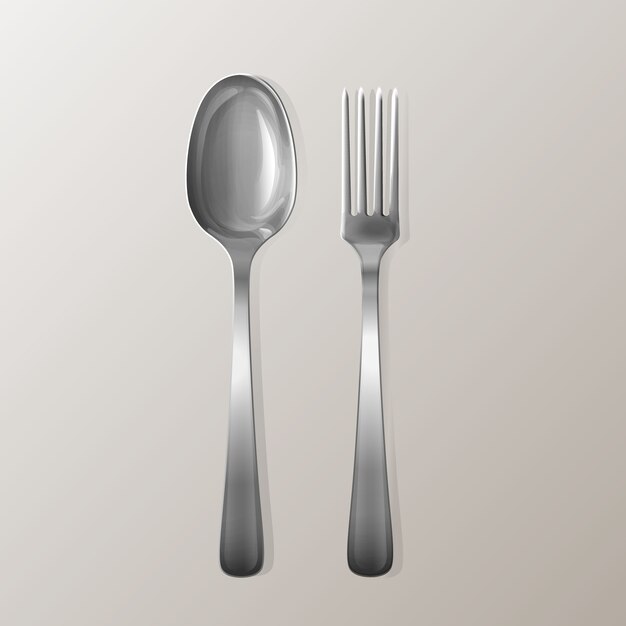Tenedor y cuchara realista. Juego de utensilios de cocina de plata en color plata.