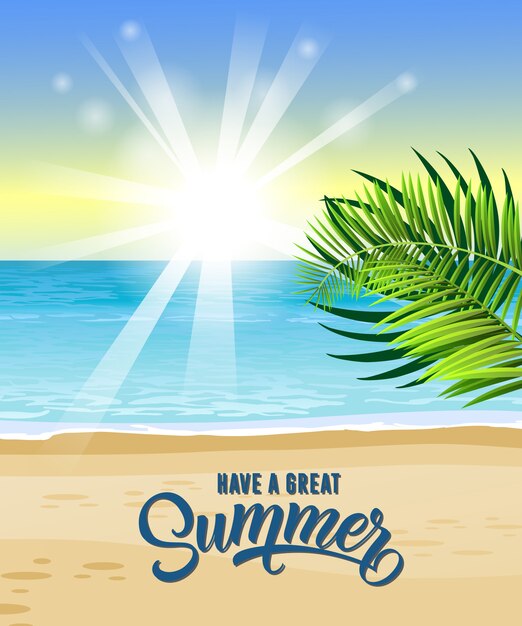 Tenga una gran tarjeta de felicitación de verano con mar, hojas tropicales, playa y salida del sol.