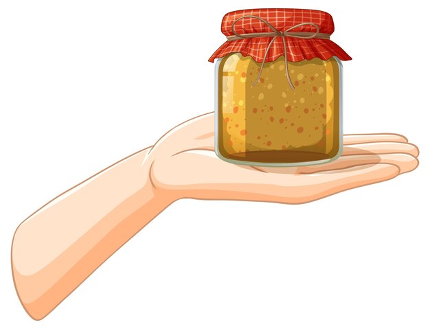 Teniendo en la mano un frasco de miel