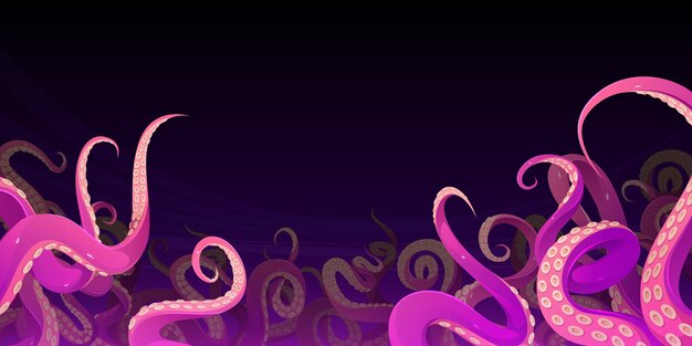Tentáculos de pulpo, calamar o kraken bajo el agua en el mar. Ilustración de dibujos animados de vector de fondo del océano con brazos de monstruo aterrador, tentáculos de pulpo gigante púrpura y rosa con ventosas