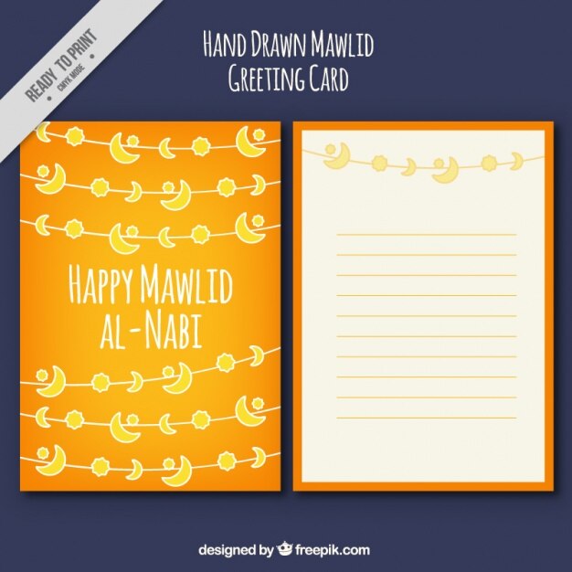 Terjeta de felicitación amarilla de mawlid dibujada a mano