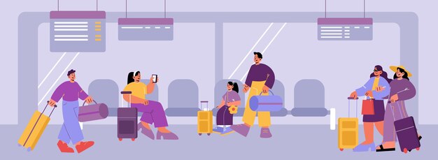 Terminal del aeropuerto con personas con maletas, sillas y exhibición de horarios. Ilustración plana vectorial del área de salida con asientos. Interior de la sala de espera con turistas y equipaje