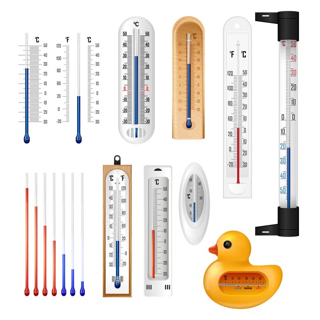 Termómetro interior de meteorología realista con imágenes aisladas de medidores de temperatura domésticos para ilustración de vectores de aire y agua