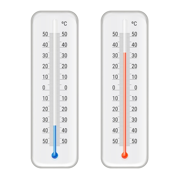 Termómetros rojos y azules de etanol de alcohol celsius para exteriores e interiores clásicos para mediciones meteorológicas ilustración realista