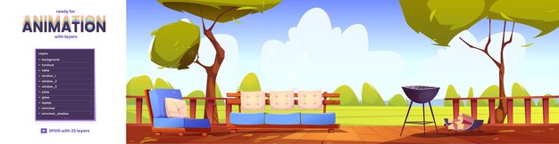 Terraza de la casa al aire libre capas 2d listas para la animación del juego Patio de madera con troncos de barbacoa sofá y sillón árboles verdes y vista al césped Área para relajación fondo de paralaje Ilustración vectorial de dibujos animados