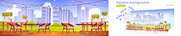 Terraza del restaurante con mesas, sillas de madera, césped verde y vista a la ciudad. Fondo de paralaje de vector para animación 2d con ilustración de dibujos animados de patio de café vacío con bebidas en la mesa y plantas