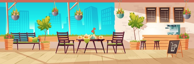 Vector gratuito terraza de verano, café de la ciudad al aire libre, cafetería con mesa de madera, sillas y plantas en macetas, menú de pizarra en el fondo de la vista del paisaje urbano. bebidas de la calle o cafetería de aperitivos, ilustración de dibujos animados