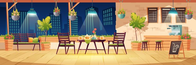 Terraza de verano, café de la ciudad al aire libre por la noche, cafetería con mesa de madera, sillas, iluminación y plantas en macetas, menú de pizarra en la vista del paisaje urbano. Cafetería de la calle moderna, Ilustración de dibujos animados