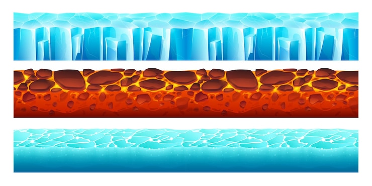 Vector gratuito terrenos de juego con textura de hielo, agua y lava.
