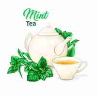 Vector gratuito tetera de cerámica y taza de té con té de menta y hojas.
