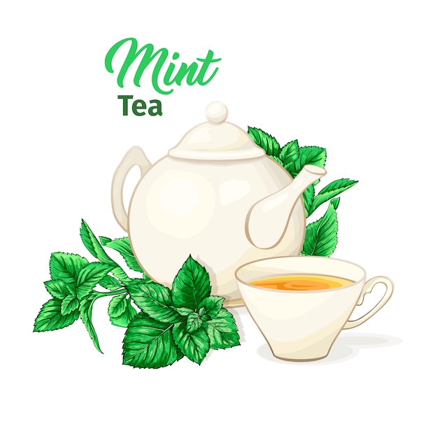 Tetera de cerámica y taza de té con té de menta y hojas.