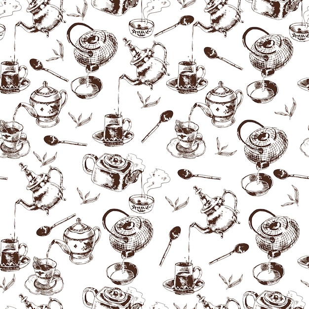 Vector gratuito tetera y tazas tradicional de ceremonias de té accesorios vintage seamless wrap papel patrón doodle esbozo ilustración vectorial