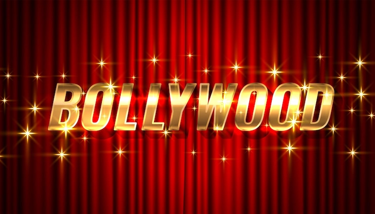 Vector gratuito texto brillante del cine indio de bollywood sobre fondo de cortina roja