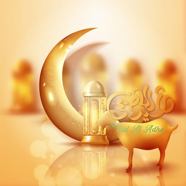 Texto de caligrafía árabe de Eid Mubarak para la celebración del festival de la comunidad musulmana Eid Al Adha Tarjeta de felicitación con ovejas sacrificiales y media luna en el fondo de la noche nublada Ilustración vectorial