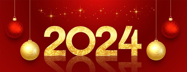 texto dorado brillante 2024 estandarte de víspera de año nuevo con vector de joyas de Navidad