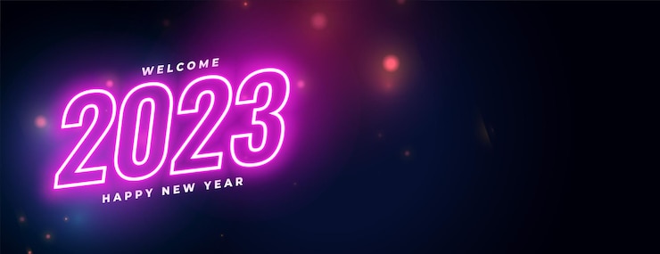 Vector gratuito texto de estilo neón 2023 para banner de saludo de feliz año nuevo
