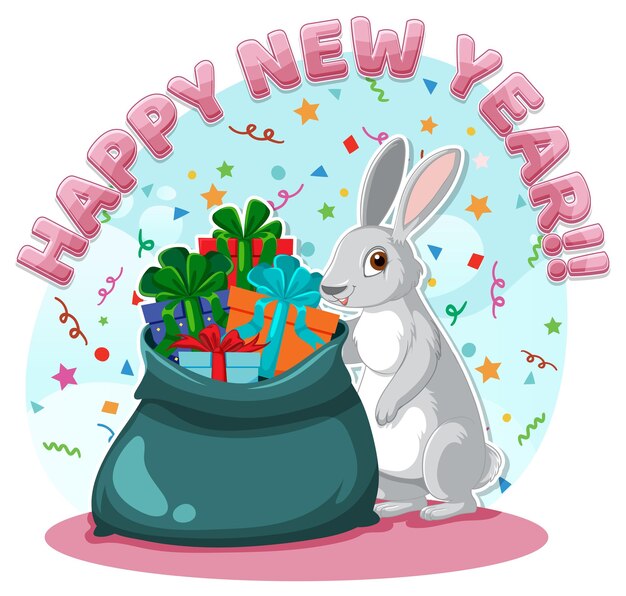 Texto de feliz año nuevo con lindo conejo para diseño de banner