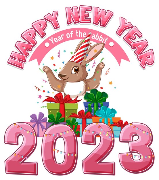 Texto de feliz año nuevo con lindo conejo para diseño de banner