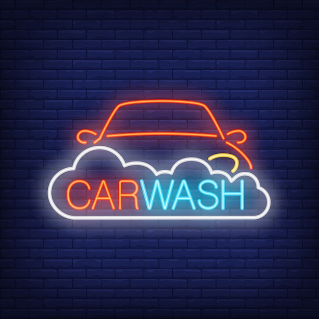 Texto de neón carwash, automóvil y espuma. letrero de neón, anuncio brillante noche