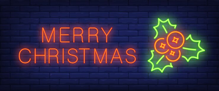 Vector gratuito texto de neón feliz navidad con muérdago y bayas