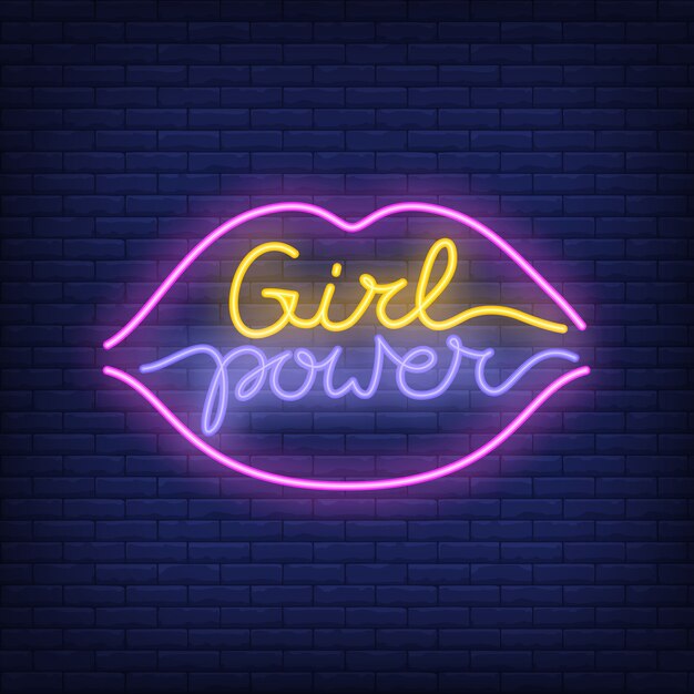 Texto de neón de poder chica en labios delinear logotipo. Letrero de neón, anuncio brillante noche