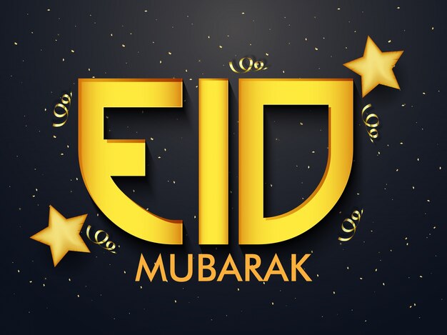 Texto de oro brillante Eid Mubarak con las estrellas para el concepto famoso islámico de la celebración del festival.