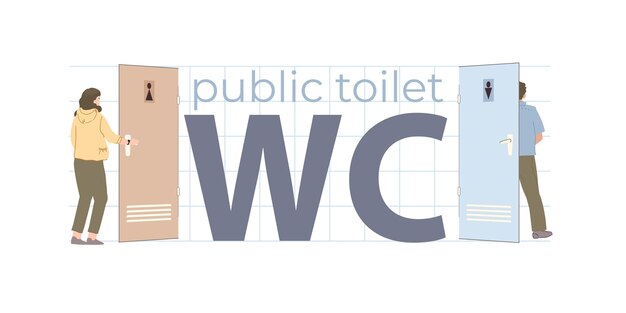 Texto plano de baño público con letras grandes wc entre puertas con signos masculinos y femeninos ilustración vectorial