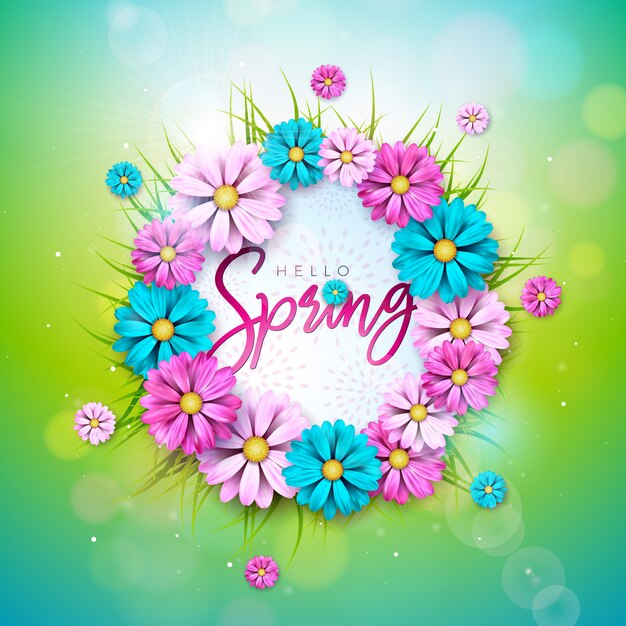 Texto de primavera Plantilla de diseño floral con letra de tipografía