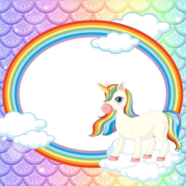 Vector gratuito textura de escamas de pescado pastel con marco ovalado de arco iris con personaje de dibujos animados de unicornio