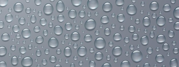 Textura de gotas de agua sobre fondo gris. Ilustración vectorial realista de la condensación de vapor, vapor o niebla en la superficie gris húmeda, gotas claras de agua de la lluvia en el vidrio