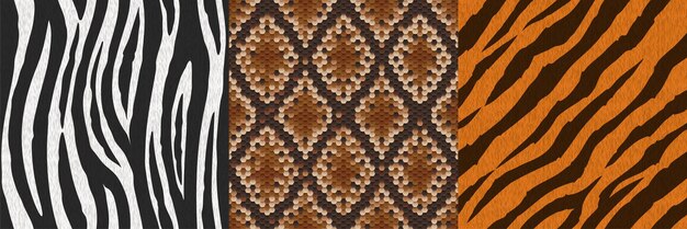 Texturas sin costuras de piel y piel animal Cebra de serpiente y muestras de lana y cuero de tigre para el juego Patrones repetidos vectoriales 3d realistas Fondos textiles de muestras de pieles naturales o artificiales