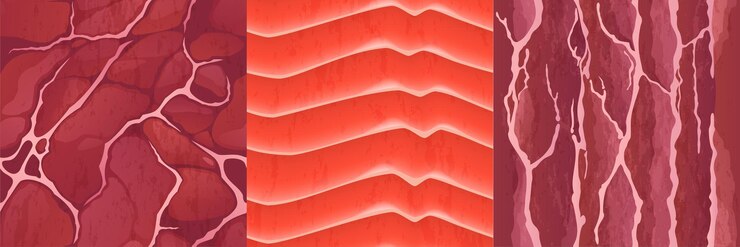 Vector gratuito texturas de filete de salmón y carnes rojas para el fondo del juego. vector patrones sin fisuras realistas de rebanada de pescado crudo, filete de ternera y cerdo, ilustración de estructura de carne fresca