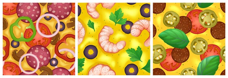 Vector gratuito texturas sin fisuras de pizza para juegos, patrones repetidos de comida rápida. fondos 3d con queso, salami, aceitunas, tomate y camarones con vegetación. diseño gráfico de capas de interfaz de usuario o interfaz gráfica de usuario, ilustración vectorial de primer plano