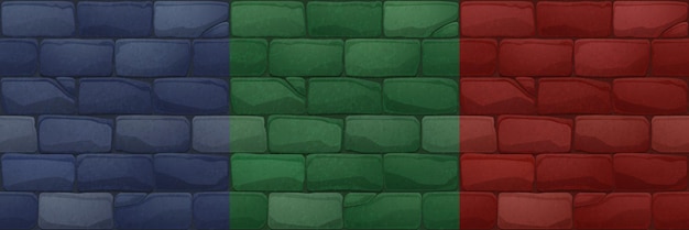Vector gratuito texturas de juego de la fachada del edificio de la pared de ladrillo con bloques de piedra rojos, verdes y azules patrones sin costura de dibujos animados vectoriales de mampostería vintage de ladrillo para el exterior de la casa o el pavimento