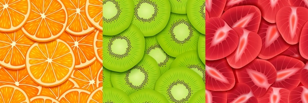 Texturas de kiwi naranja y rodajas de fresa Patrones sin fisuras con piezas de frutas tropicales Fondos brillantes vectoriales de frutas tropicales maduras cortadas para el diseño de juegos