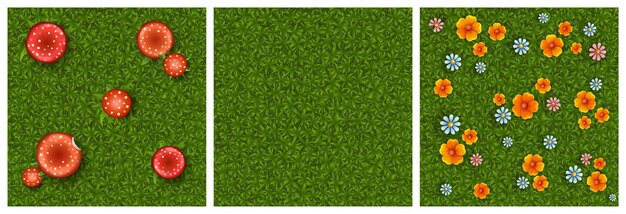Texturas de pasto verde con flores y setas.