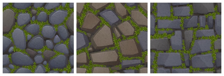 Vector gratuito texturas de piso de piedra y pared con musgo verde para el fondo del juego patrones sin costura de dibujos animados vectoriales de la vista superior del pavimento con hierba entre adoquines y bloques de granito