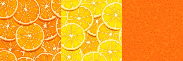 Vector gratuito texturas de rodajas de limón naranja y cáscara patrones sin costuras con trozos de cítricos y piel fondos brillantes vectoriales de frutas tropicales cortadas y cáscara de naranja para el diseño del juego
