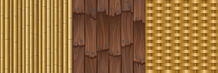 Vector gratuito texturas con tablas de madera, cañas de bambú y mimbre. conjunto de dibujos animados vectoriales de patrones sin fisuras con ratán tejido, teja vieja con tablones de madera y clavos, pared de caña