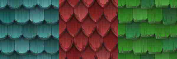 Vector gratuito texturas de teja vieja, cubierta de casa tradicional con tejas de madera de color. conjunto de dibujos animados de vector de patrones sin fisuras de la estructura de la azotea de los edificios para la interfaz del juego