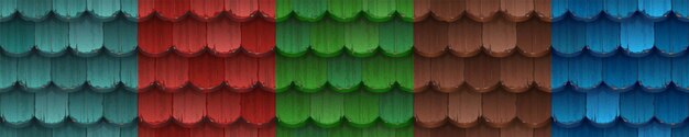 Texturas de teja vieja, cubierta de casa tradicional con tejas de madera redondeadas. Conjunto de dibujos animados de vector de patrones sin fisuras de la azotea roja, azul, verde y marrón de los edificios