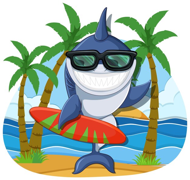 Tiburón de dibujos animados con tabla de surf