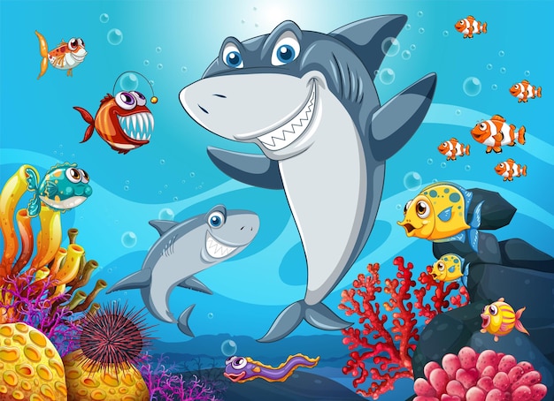 Tiburón divertido con animales marinos en el océano
