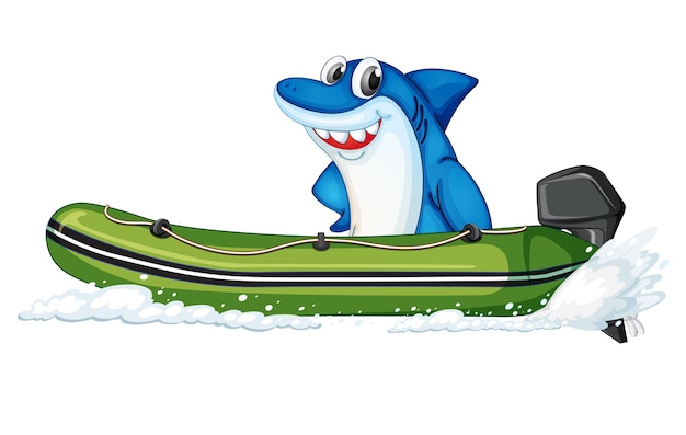 Tiburón feliz en bote sobre fondo blanco.