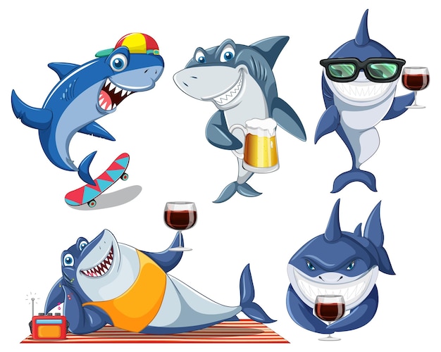 Vector gratuito tiburón haciendo diferentes actividades personajes de dibujos animados