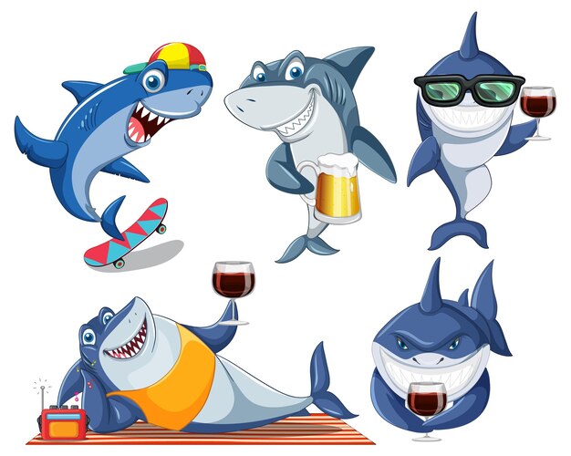 Tiburón Haciendo Diferentes Actividades Personajes De Dibujos Animados